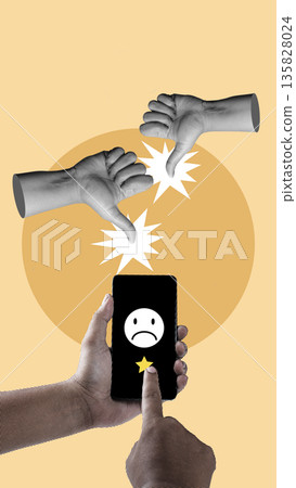 Conceptual collage showing thumbs down hands and a smartphone with a sad emoji and one star, representing negative customer feedback and poor service reviews Conceptual collage showing thumbs down hands and a smartphone with a sad emoji and one star, representing negative customer feedback and poor service reviews 135828024