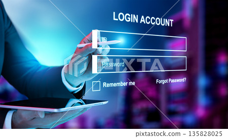 Businessman using a stylus on a virtual login interface with ID and password fields over a blurred city background. Concept of cybersecurity, data protection, and digital identity access 135828025