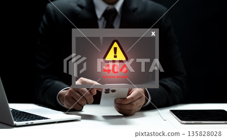 A professional man in a suit faces a digital 404 access denied warning on his smartphone. Concept of cybersecurity, server issues, and data protection failure in a modern office setting A professional man in a suit faces a digital 404 access denied warning on his smartphone. Concept of cybersecurity, server issues, and data protection failure in a modern office setting 135828028
