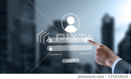 Close-up of a hand interacting with a digital login page on a transparent screen. Concept of cybersecurity, user authentication, and data privacy in a corporate environment Close-up of a hand interacting with a digital login page on a transparent screen. Concept of cybersecurity, user authentication, and data privacy in a corporate environment 135828029