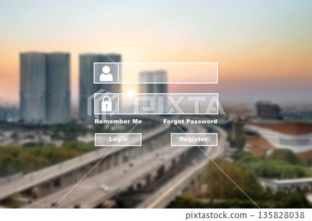 A digital user interface login page with username and password fields, login and register buttons, overlaid on a blurred cityscape at dusk. Ideal for cybersecurity and tech concepts 135828038