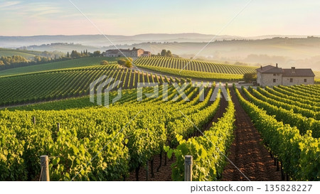 Rolling vineyard rows at sunrise with mist creating peaceful rural landscape Rolling vineyard rows at sunrise with mist creating peaceful rural landscape 135828227