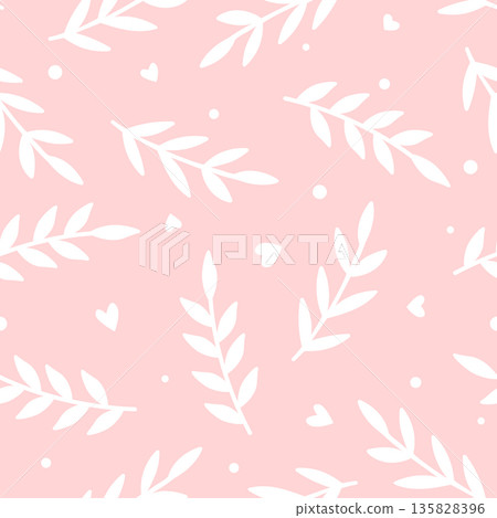 Hand drawn vector seamless pattern with simple floral leaves and hearts. Hand drawn vector seamless pattern with simple floral leaves and hearts. 135828396