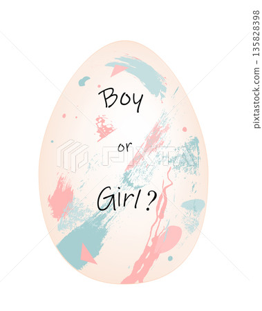 Easter egg decorated with blue and pink spots and strokes and Boy or Girl text. Baby gender reveal party design element. Vector icon isolated illustration 135828398