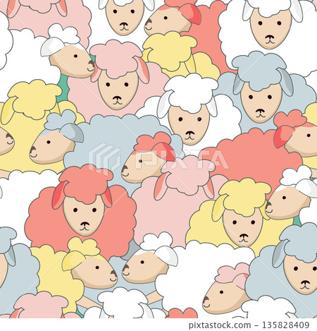 Cute nursery seamless pattern of funny colorful sheep. Cartoon fluffy wool sheep background. Vector illustration. 135828409