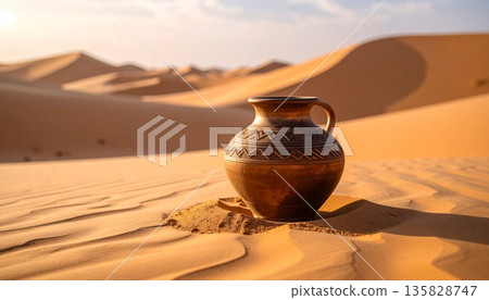 A vessel (pot) placed on the sand 135828747
