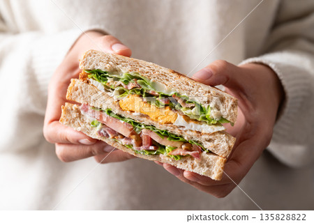 Whole wheat bread sandwich with bacon, lettuce, tomato and fried egg holding by woman hand Whole wheat bread sandwich with bacon, lettuce, tomato and fried egg holding by woman hand 135828822
