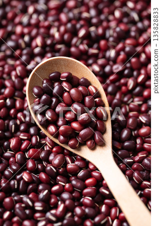 Azuki beans, Adzuki bean or red mung beans in wooden spoon 135828833