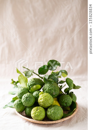 Kaffir lime fruit with leaf in basket on white fabric background, Thai food ingredient Kaffir lime fruit with leaf in basket on white fabric background, Thai food ingredient 135828834