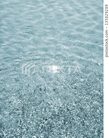 Clean transparent water on shallow sandy seashore with shells with shells on sunny summer day. Sun glare on surface of water. Small waves on sea coast. Nature backdrop. Natural background Clean transparent water on shallow sandy seashore with shells with shells on sunny summer day. Sun glare on surface of water. Small waves on sea coast. Nature backdrop. Natural background 135829289