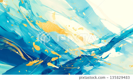 Vibrant blue and gold abstract watercolor illustration background 135829483