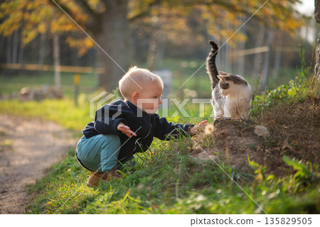 Cautious Toddler Observing Cat on Hillside 135829505