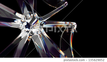 Black background with glass dispersion 3D flower. Abstract spectrum floral pattern of transparent triangle lines, neon rainbow light texture. Render circle radial array, tech banner. 3D illustration 135829852