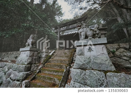 An ominous presence hangs over the lion-dogs and stone torii gate; the sacred grounds give off the feeling that something is about to begin. An ominous presence hangs over the lion-dogs and stone torii gate; the sacred grounds give off the feeling that something is about to begin. 135830083