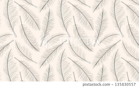 Elegant feather seamless pattern. Contour botanical background in beige boho style. Vector surface design, Hero image in line art style Elegant feather seamless pattern. Contour botanical background in beige boho style. Vector surface design, Hero image in line art style 135830557