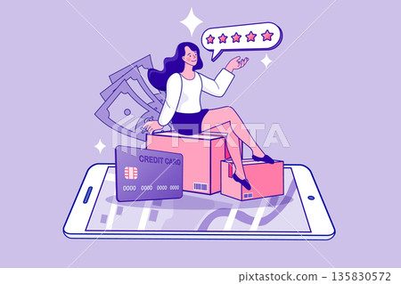 Happy woman sitting on delivery boxes with smartphone and credit card. Happy woman sitting on delivery boxes with smartphone and credit card. 135830572