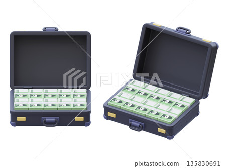 3D render of a cute suitcase overflowing with South Korean ten thousand won bills 135830691