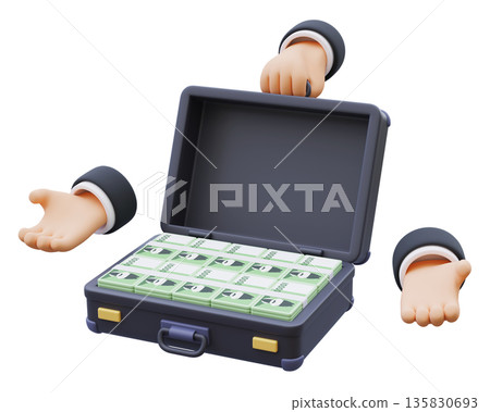 3D render of a cute cartoon hand holding a suitcase full of Korean ten thousand won 3D render of a cute cartoon hand holding a suitcase full of Korean ten thousand won 135830693