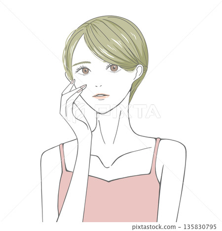 一位金髮女子,一隻手放在右臉頰上。 一位金髮女子,一隻手放在右臉頰上。 135830795