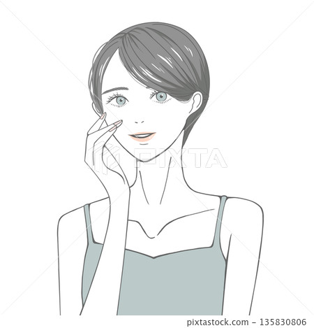 A woman with her hand on her right cheek (black hair) A woman with her hand on her right cheek (black hair) 135830806