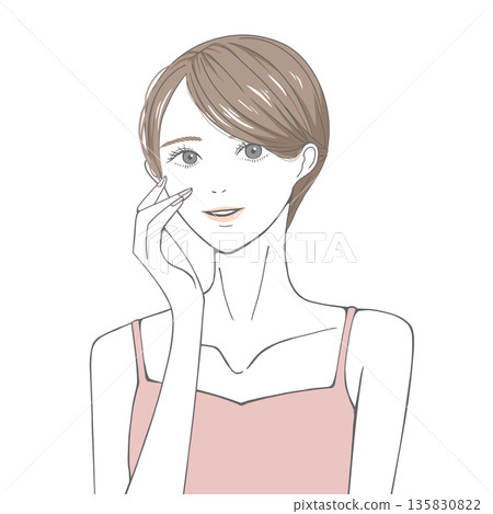 A woman with her hand on her right cheek (brown hair) 135830822