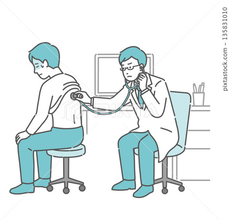 Illustration of a man with a cold sweat receiving a stethoscope on his back and a male doctor in a white coat with a serious expression Illustration of a man with a cold sweat receiving a stethoscope on his back and a male doctor in a white coat with a serious expression 135831010