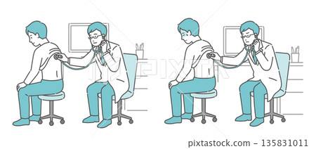 Illustration set of auscultation of a man's back by a male doctor wearing a white coat (normal, abnormal, poor health) Illustration set of auscultation of a man's back by a male doctor wearing a white coat (normal, abnormal, poor health) 135831011
