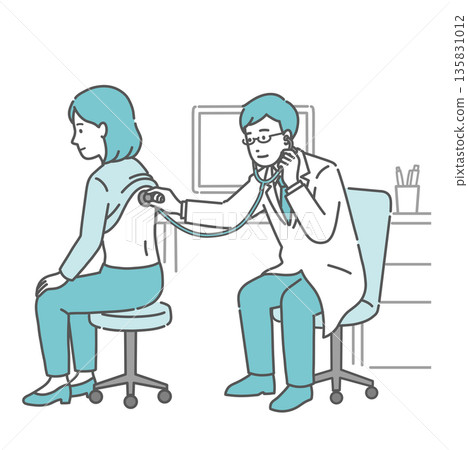 Illustration of a male doctor wearing a white coat auscultating a woman's back 135831012