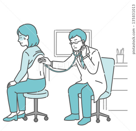 Illustration of a woman with a cold sweat receiving a stethoscope on her back and a male doctor in a white coat with a serious expression Illustration of a woman with a cold sweat receiving a stethoscope on her back and a male doctor in a white coat with a serious expression 135831013