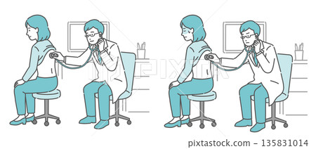 Illustration set of auscultation of a woman's back by a male doctor wearing a white coat (normal, abnormal, poor health) Illustration set of auscultation of a woman's back by a male doctor wearing a white coat (normal, abnormal, poor health) 135831014
