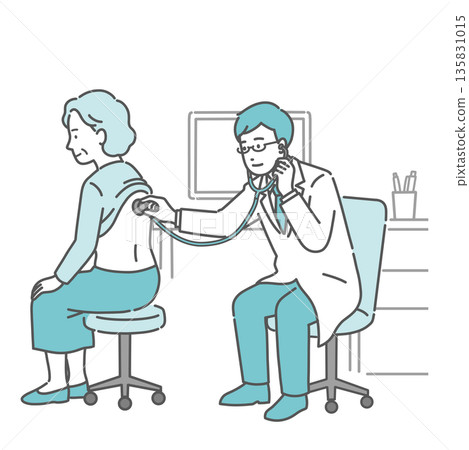 Illustration of a male doctor wearing a white coat auscultating the back of an elderly woman Illustration of a male doctor wearing a white coat auscultating the back of an elderly woman 135831015