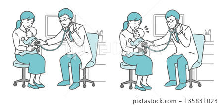 Illustration set of auscultation of a baby's back by a male doctor wearing a white coat (normal, abnormal, unwell) Illustration set of auscultation of a baby's back by a male doctor wearing a white coat (normal, abnormal, unwell) 135831023