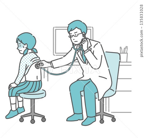 Illustration of a girl with a cold sweat receiving a stethoscope on her back and a male doctor in a white coat with a serious expression Illustration of a girl with a cold sweat receiving a stethoscope on her back and a male doctor in a white coat with a serious expression 135831028