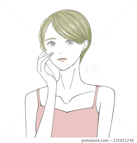 A blonde woman with her hand on her right cheek A blonde woman with her hand on her right cheek 135831236