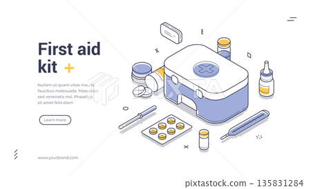 First Aid Kit For Medical Emergency And Healthcare Isometric Banner Vector Illustration First Aid Kit For Medical Emergency And Healthcare Isometric Banner Vector Illustration 135831284