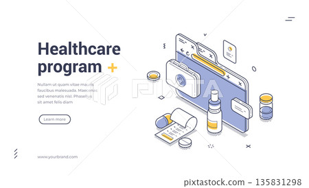 Digital Healthcare Program And Medical Services Isometric Banner Vector Illustration 135831298