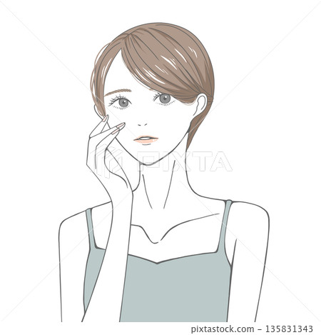 A woman with her hand on her right cheek (brown hair) 135831343