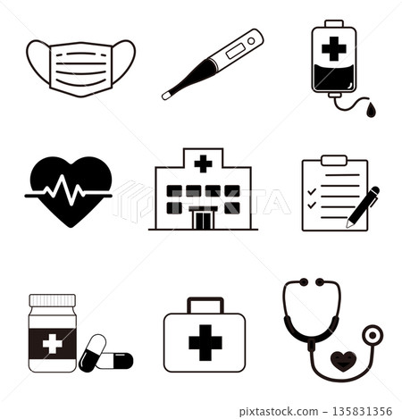 一套9個醫院和醫療單色圖示（口罩、藥品、急診、心率等） 135831356