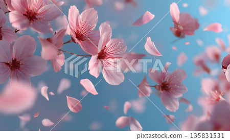 Cherry blossom petals fluttering in the blue sky. A fantastic spring background material and a blurred cherry blossom snowstorm. Cherry blossom petals fluttering in the blue sky. A fantastic spring background material and a blurred cherry blossom snowstorm. 135831531