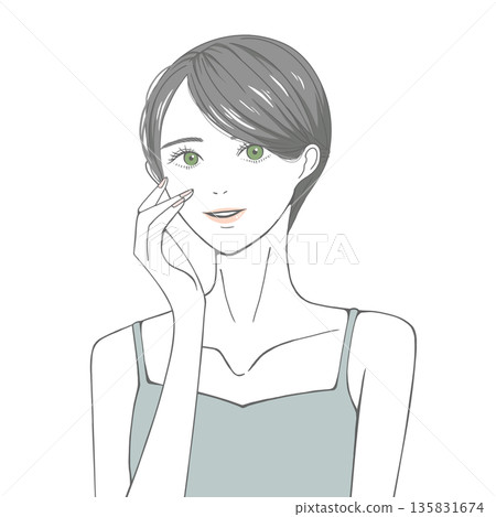 A woman with her hand on her right cheek (black hair) A woman with her hand on her right cheek (black hair) 135831674
