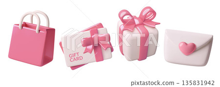 Valentines Day 3d icons gift card gift pox pink shopping bag and envelope with heart 135831942
