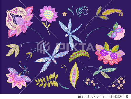 Fantasy flowers in retro, vintage, jacobean embroidery style 135832028