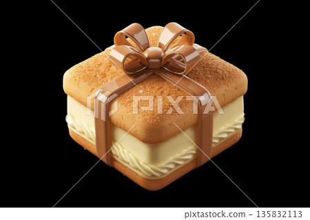 逼真的禮物造型糖霜餅乾插圖 | 禮品和糖果材料 焦糖絲帶 135832113