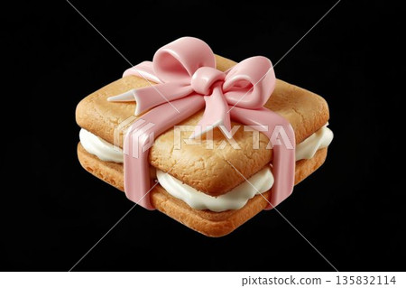 逼真的禮物造型糖霜餅乾插圖 | 禮品和糖果材料 粉紅色絲帶 135832114