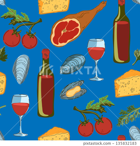 seamless pattern with wine, cheese, grapes seamless pattern with wine, cheese, grapes 135832183