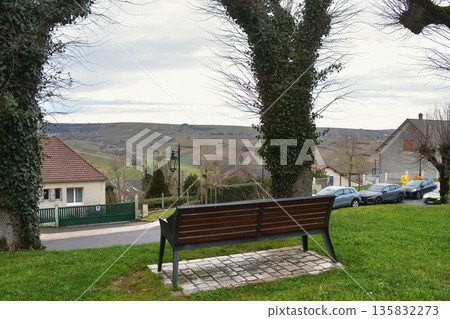 January 17, 2026: Winter on the hills of Sancerre. The view of the vineyards beyond the bench. 135832273