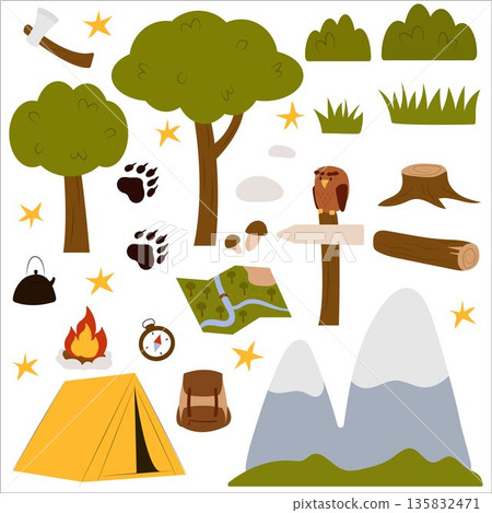 Set of Flat vector illustrations of camping outdoors. Mountains, campfire, tent, nature, camper, trees, coffee, backpack, guitar, kettle, boiler, tea, silence, calm, peace 135832471