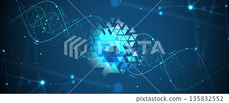 Futuristic genetic hexagons, DNA strands, connected neural web Futuristic genetic hexagons, DNA strands, connected neural web 135832552