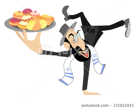 Man holding tray with traditional Hanukkah festive dinner. Cartoon Jewish man stays head over heels and holds tray with traditional Hanukkah festive dinner Man holding tray with traditional Hanukkah festive dinner. Cartoon Jewish man stays head over heels and holds tray with traditional Hanukkah festive dinner 135832833