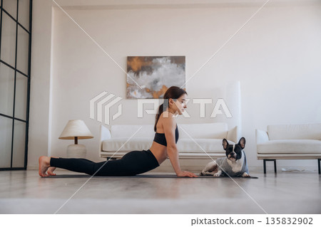 Side view. Woman with pug dog is doing yoga at home Side view. Woman with pug dog is doing yoga at home 135832902